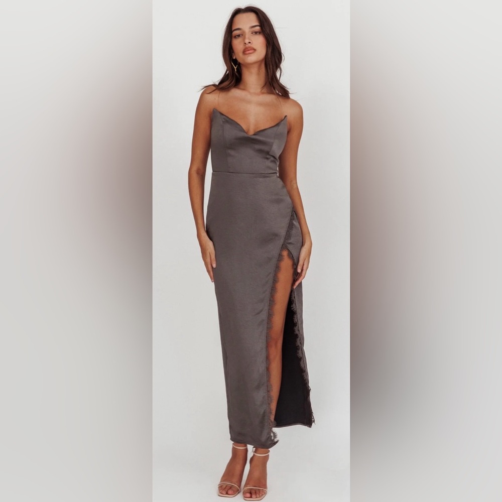 Selfie Leslie Satin Charcoal Gray Strappy Midi Dress with Side Slit